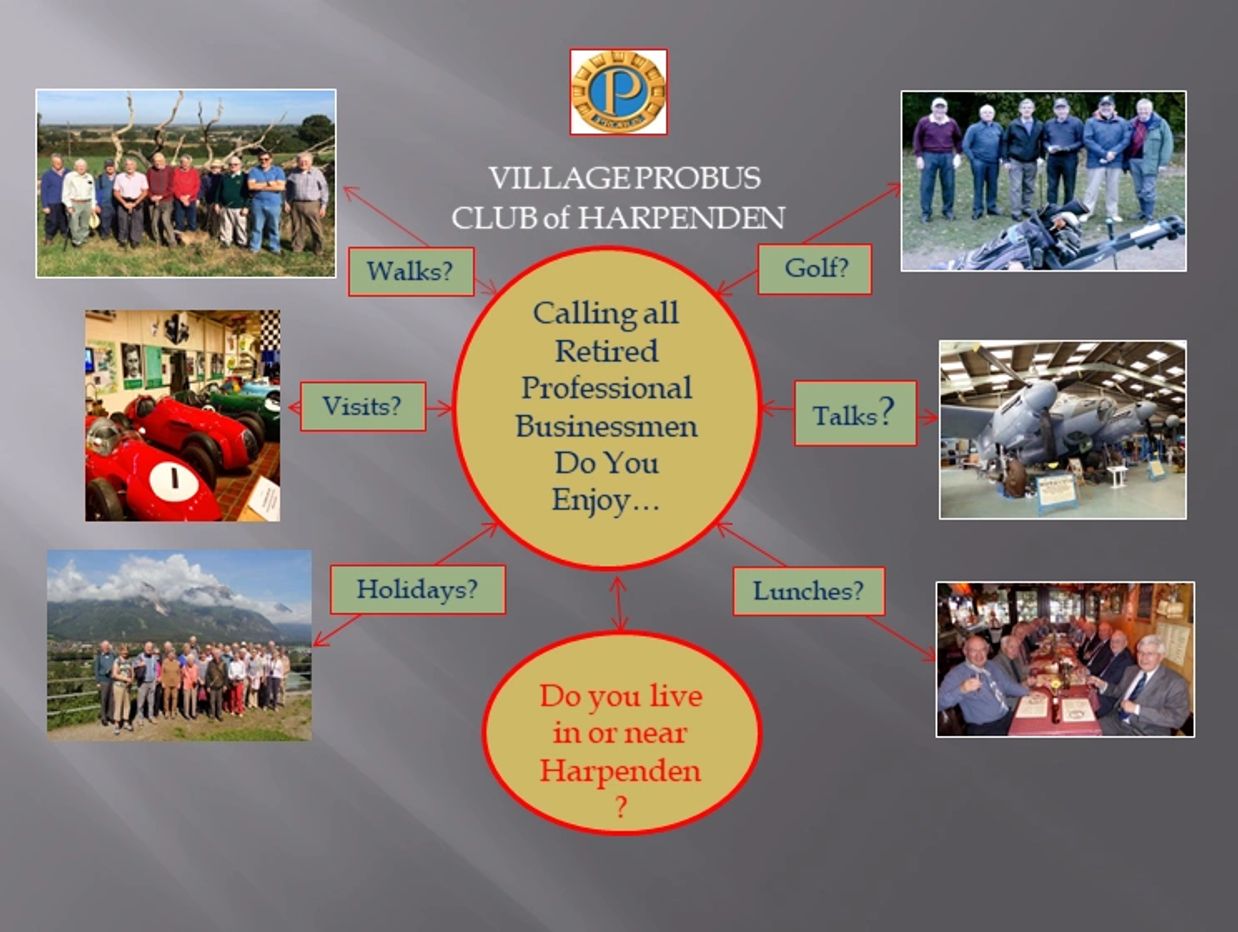 Flyer inviting retired professionals in Harpenden to join activities like walks, golf, talks, visits, holidays, and lunches.